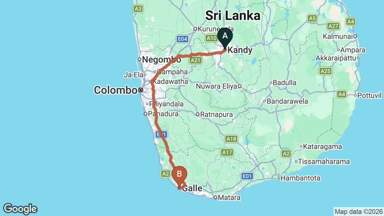 Route map: Kandy City to Galle City