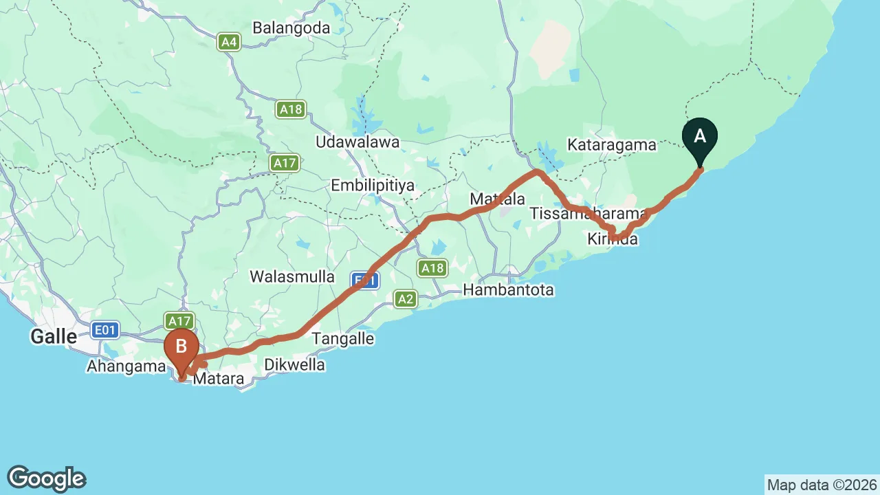 Route map: Yala City to Mirissa City