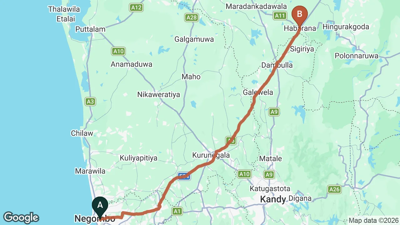Route map: Negombo City to Habarana City