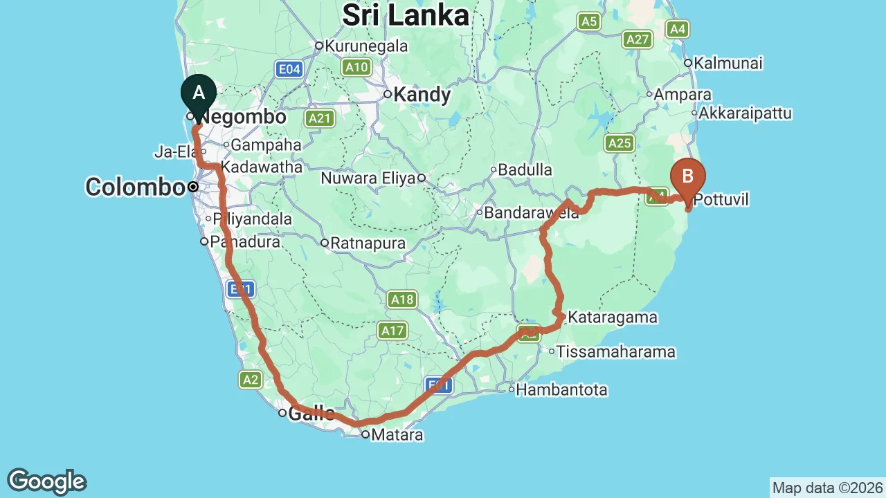 Route map: Colombo (CMB) Airport to Arugam Bay City