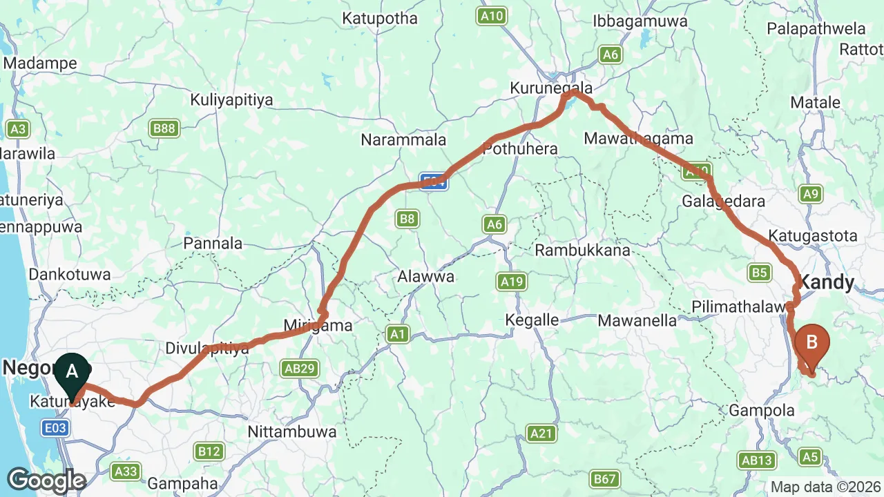 Route map: Colombo (CMB) Airport to Sky lodge, Kandy