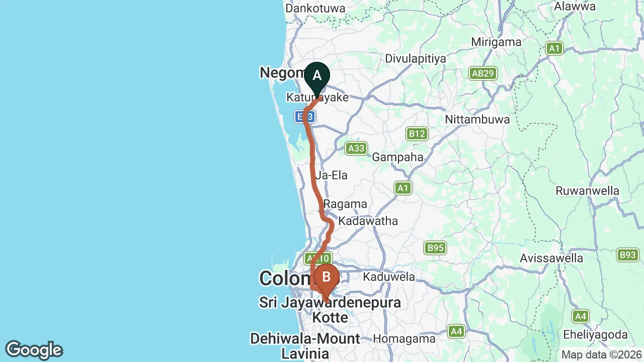 Route map: Colombo (CMB) Airport to Backpacker Villas, Colombo
