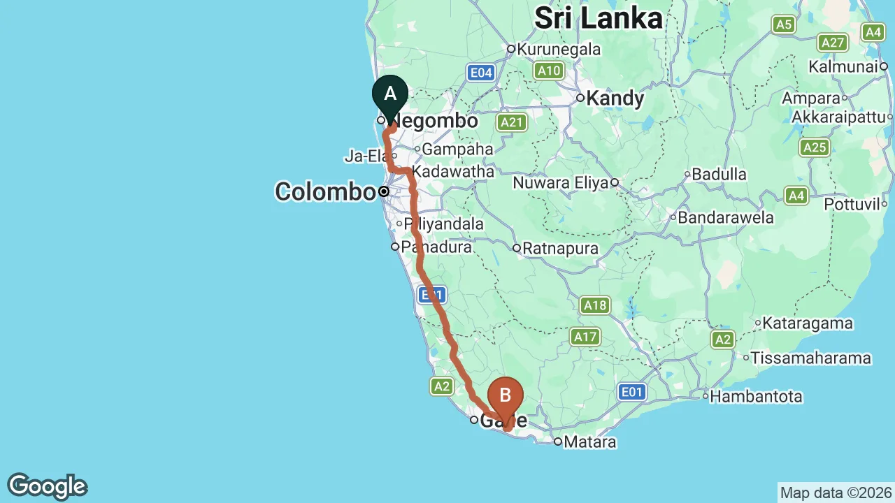 Route map: Colombo (CMB) Airport to Koggala City