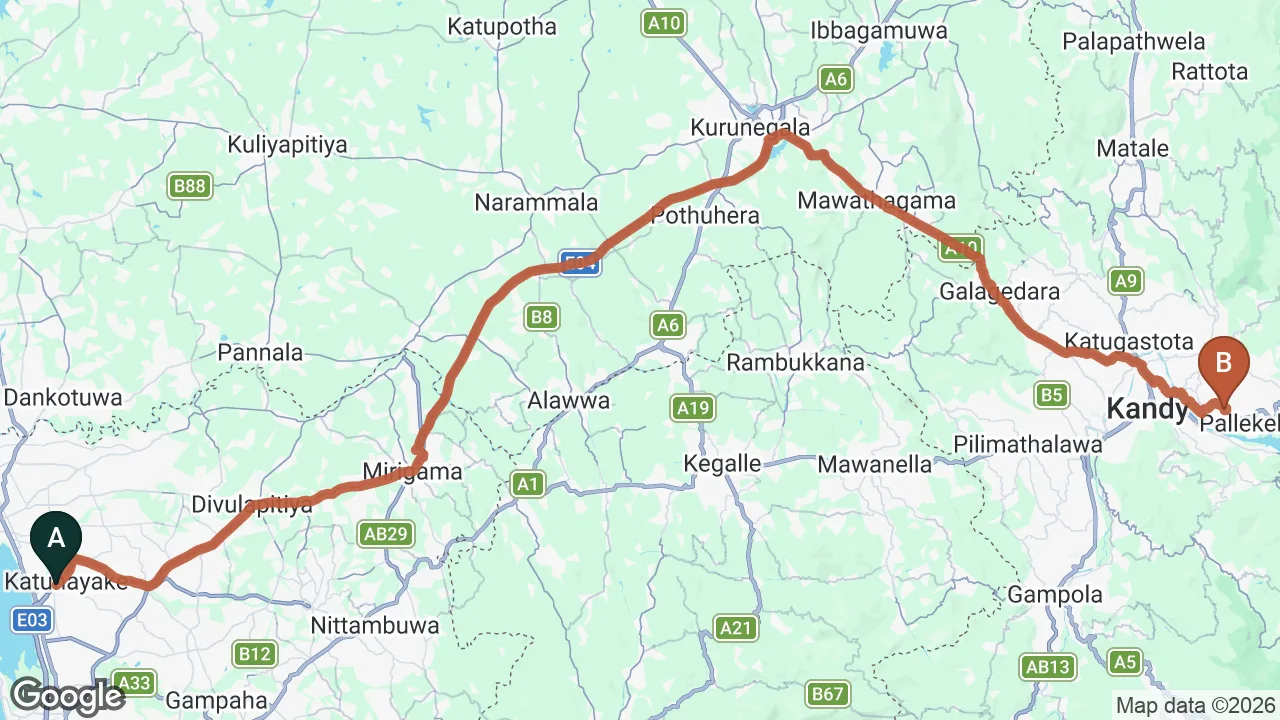 Route map: Colombo (CMB) Airport to Sedevo Chalets, Kandy