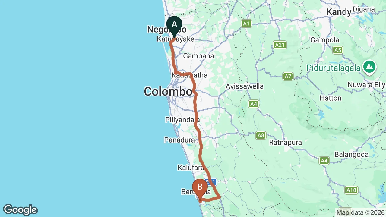 Route map: Colombo (CMB) Airport to Villa Red, Aluthgama