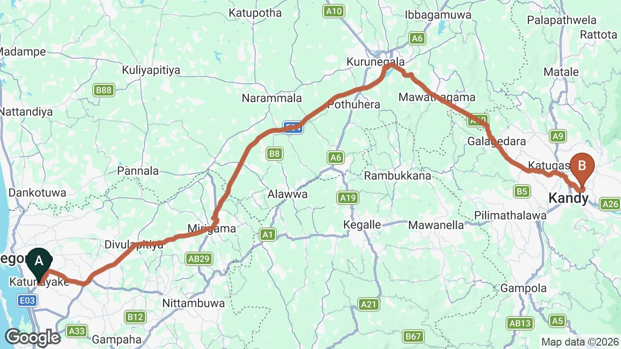 Route map: Colombo (CMB) Airport to RIVORICH RESIDENCE KANDY, Kandy