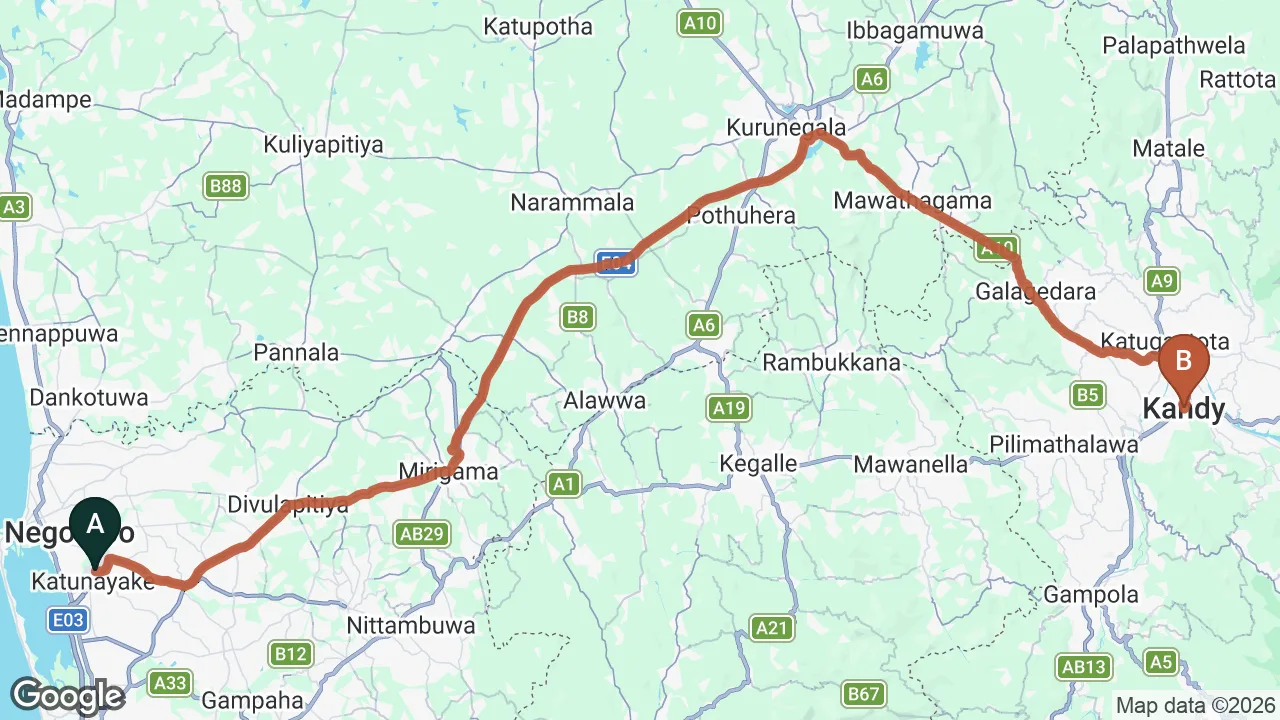 Route map: Colombo (CMB) Airport to Kandy City