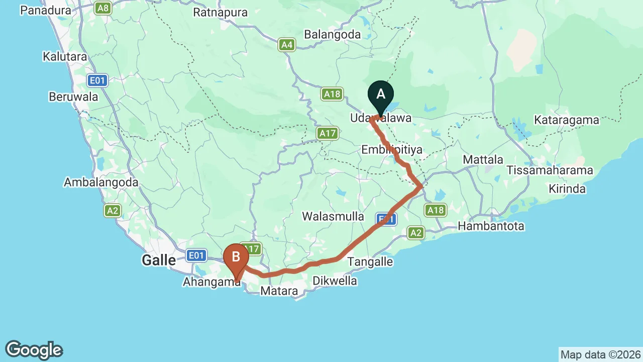 Route map: Udawalawe City to Weligama City