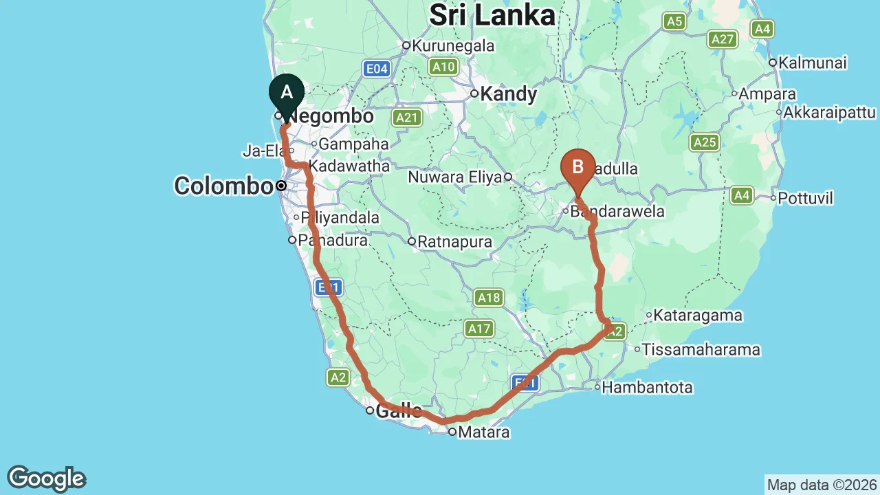 Route map: Colombo (CMB) Airport to EKHO Ella, Ella