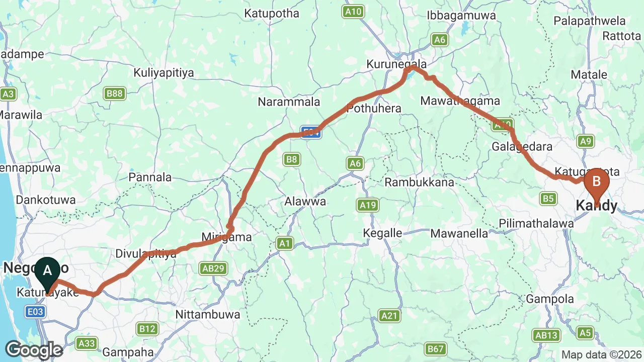 Route map: Colombo (CMB) Airport to Silhouette, Kandy