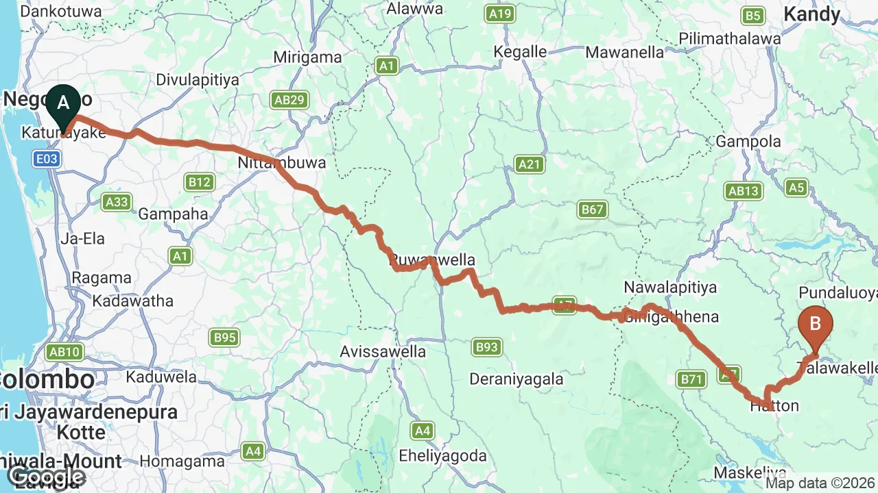Route map: Colombo (CMB) Airport to The Waterfall Villas By Yoho, Hatton