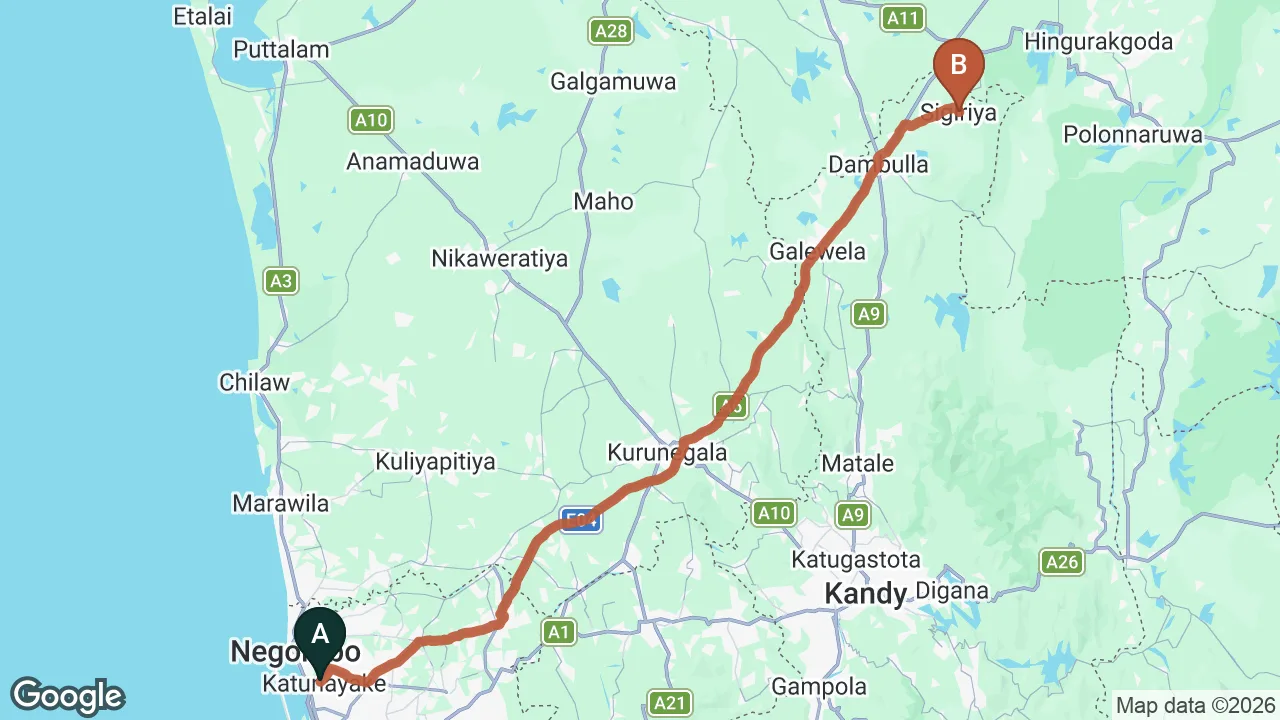 Route map: Colombo (CMB) Airport to Boulder Range Resort Dambulla, Sigiriya