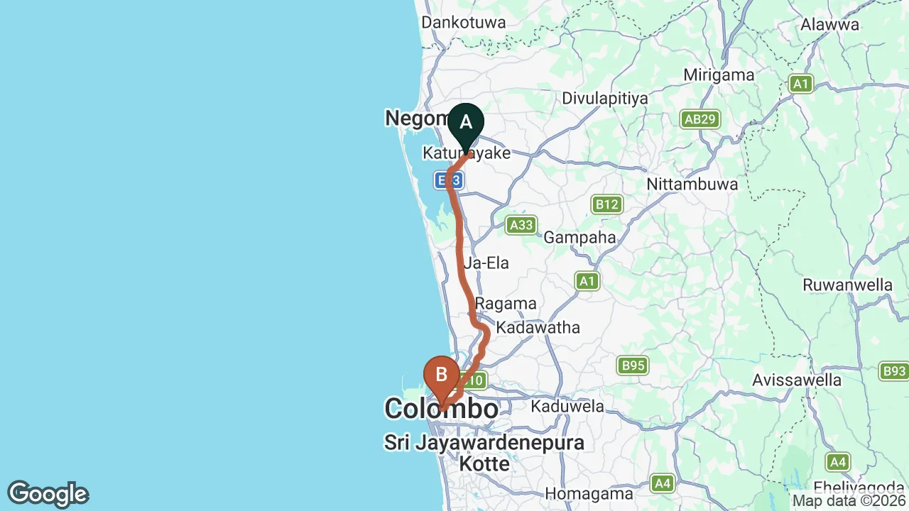 Route map: Colombo (CMB) Airport to Test House, Colombo