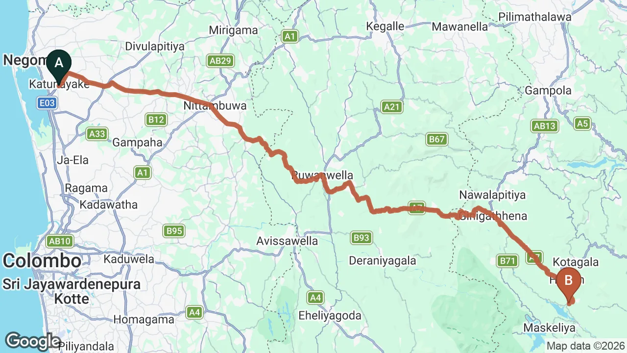 Route map: Colombo (CMB) Airport to Rock View Rest, Hatton