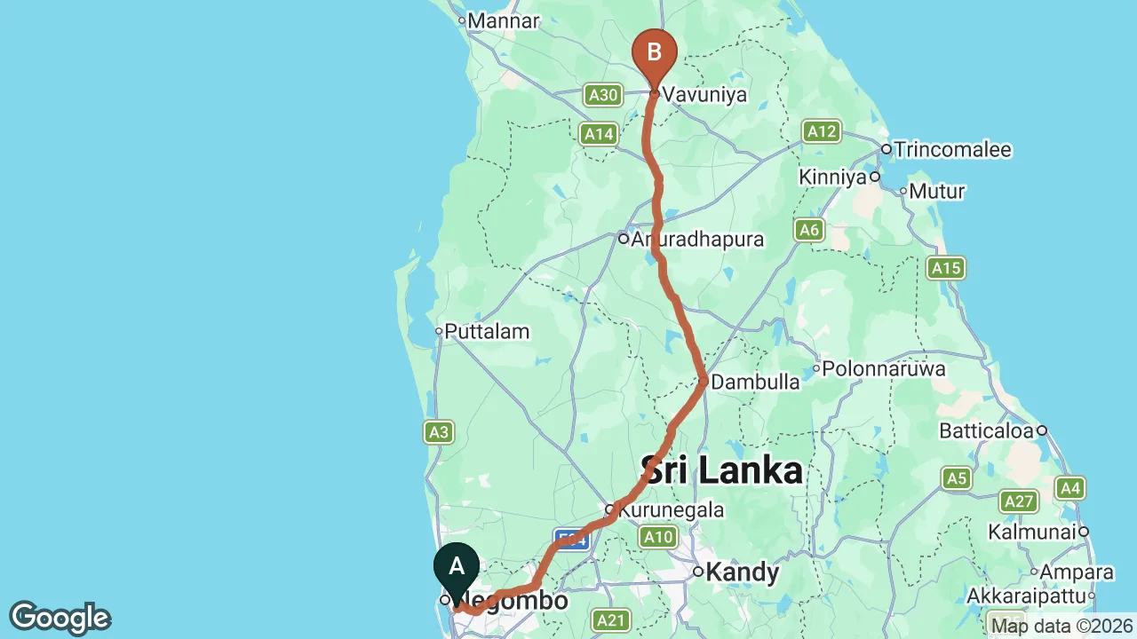 Route map: Colombo (CMB) Airport to Vavuniya City