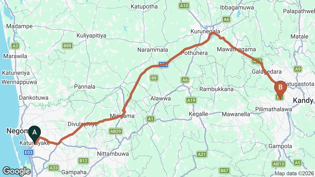 Route map: Colombo (CMB) Airport to Delmar Mount View Hotel, Kandy