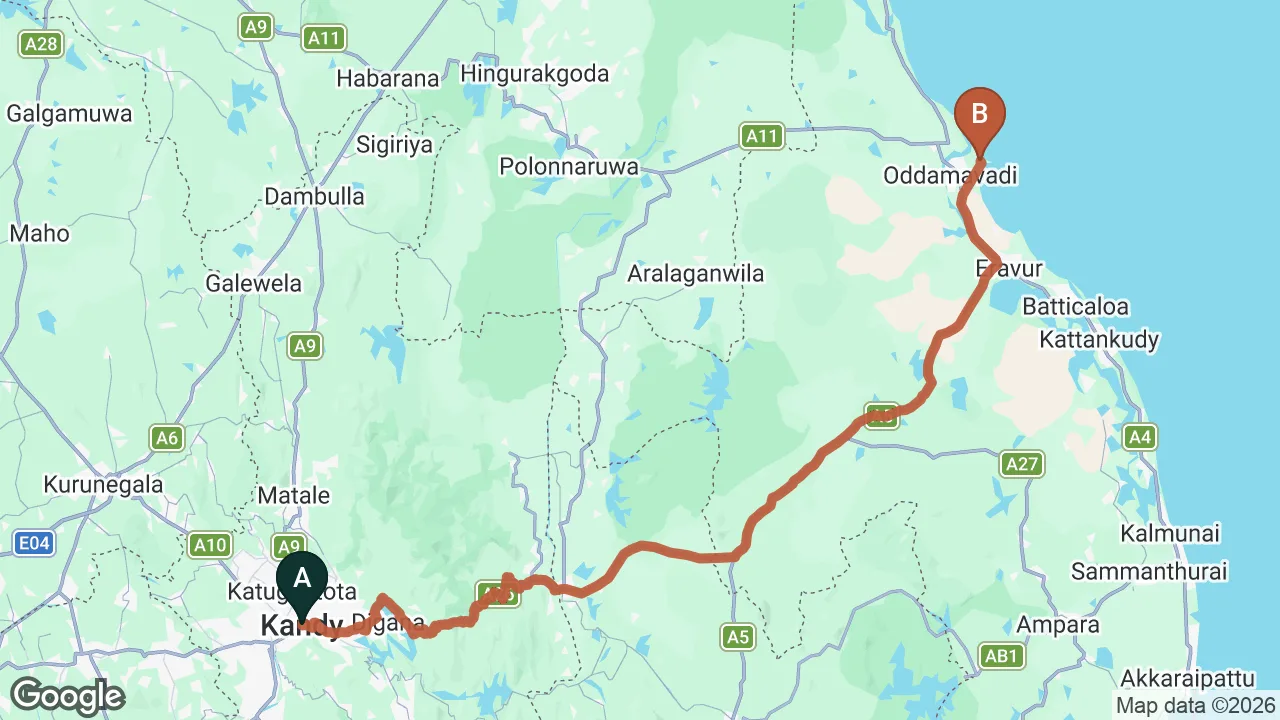 Route map: Kandy City to Pasikuda City
