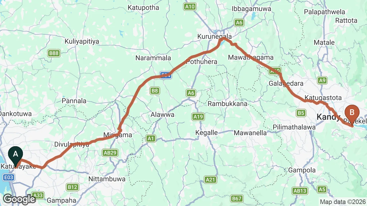 Route map: Colombo (CMB) Airport to RIVENDELL KANDY, Kandy