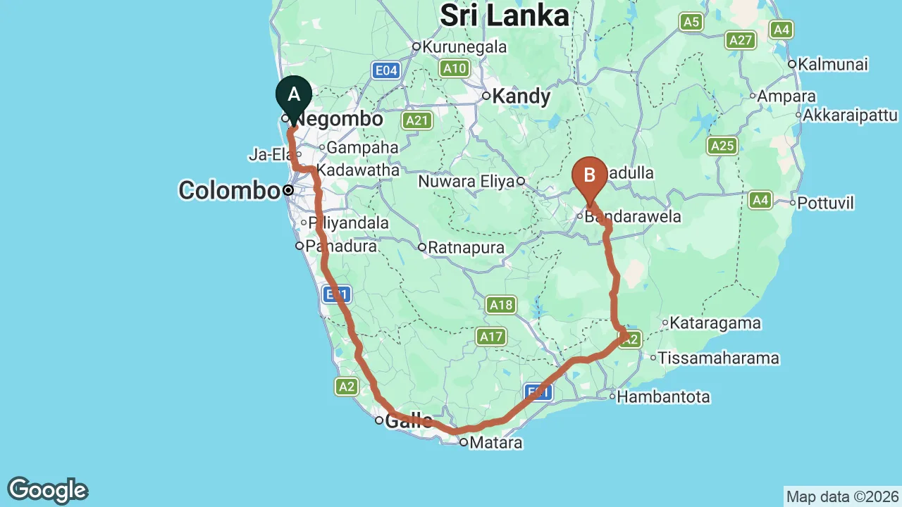 Route map: Colombo (CMB) Airport to LIly Villa, Ella