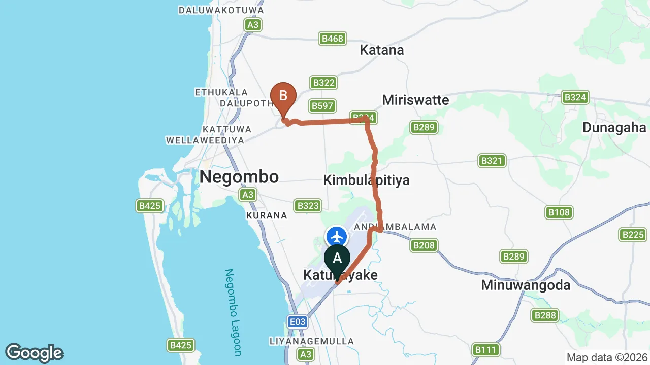 Route map: Colombo (CMB) Airport to Prosperity Villa, Negombo
