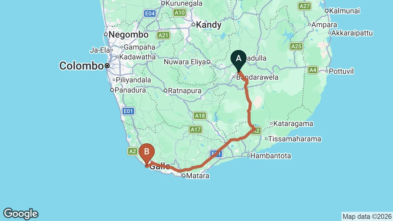 Route map: Ella City to Galle City