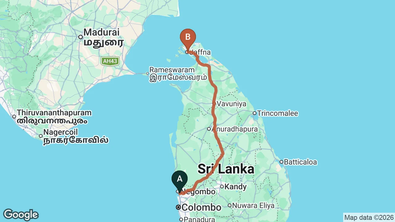 Route map: Colombo (CMB) Airport to Thinakkural Rest, Jaffna
