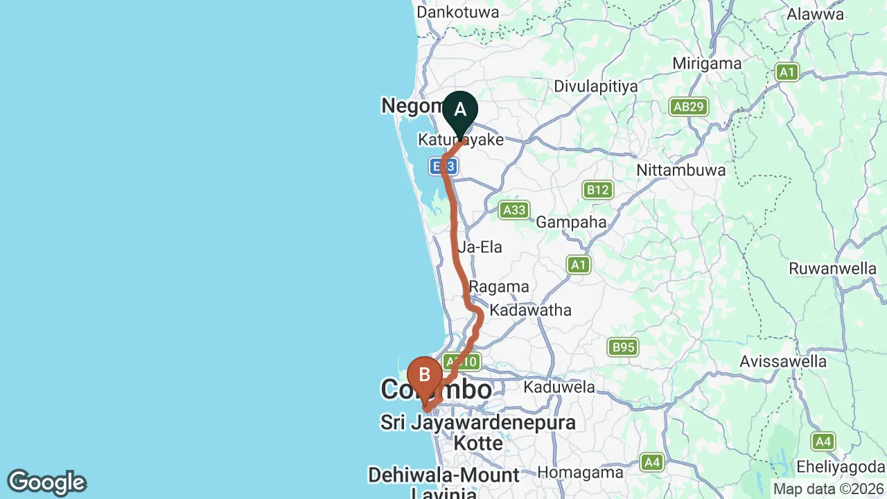 Route map: Colombo (CMB) Airport to LTO EXECUTIVE FLAT, Colombo