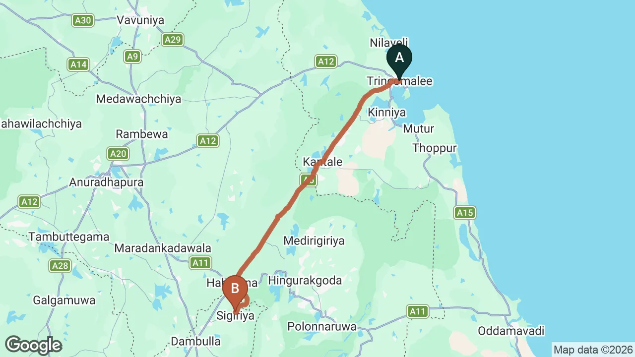 Route map: Trincomalee City to Sigiriya City