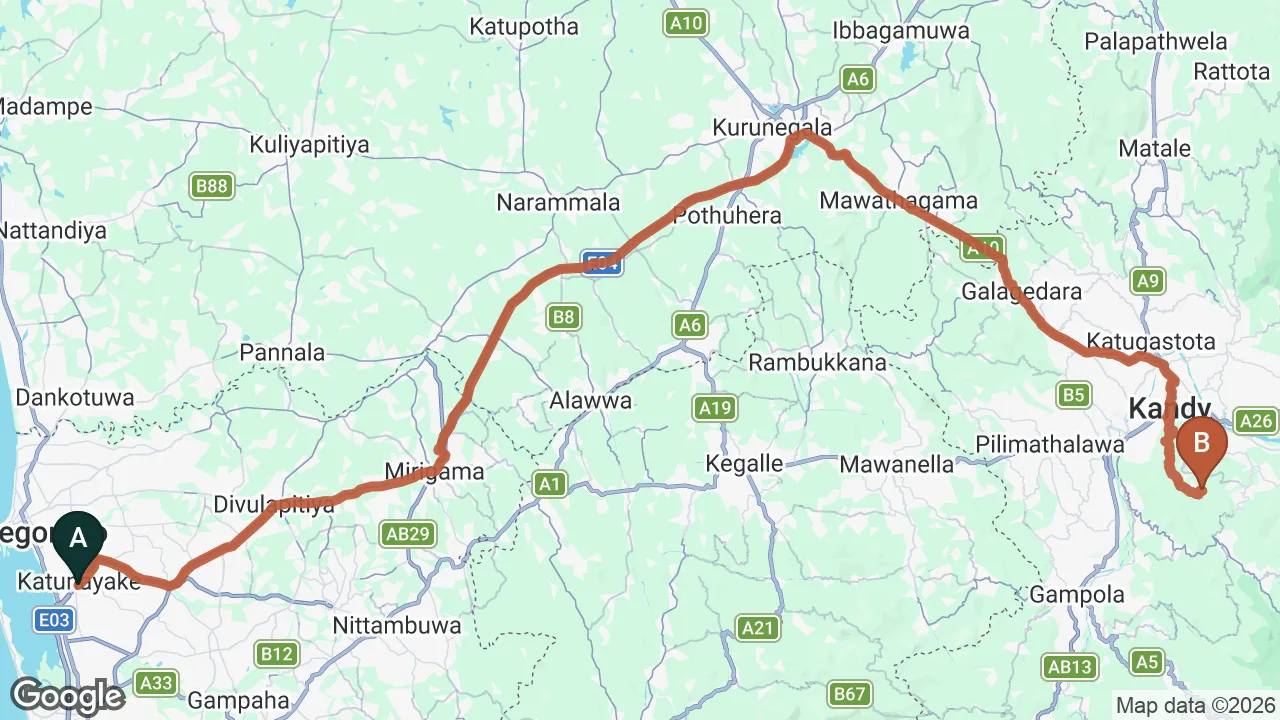 Route map: Colombo (CMB) Airport to Jungle Tide, Kandy