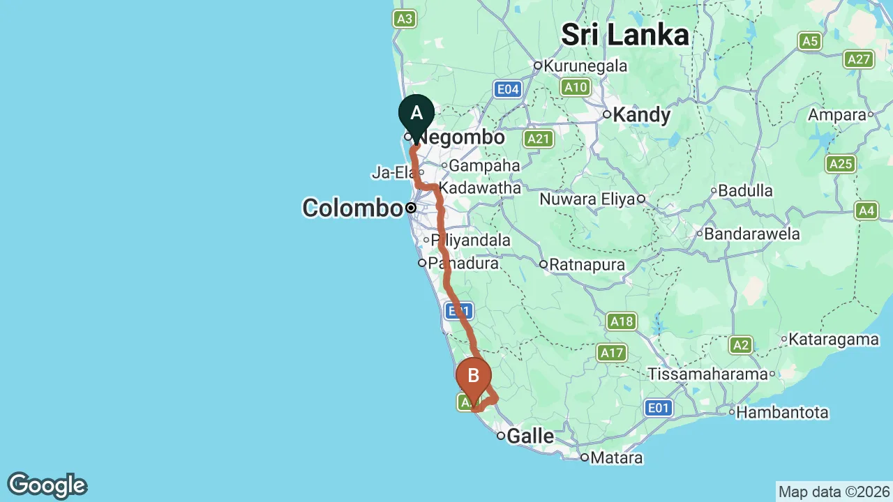 Route map: Colombo (CMB) Airport to Hikkaduwa City