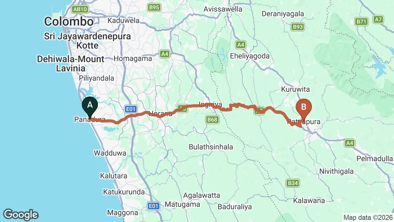 Route map: Panadura City to Ratnapura City