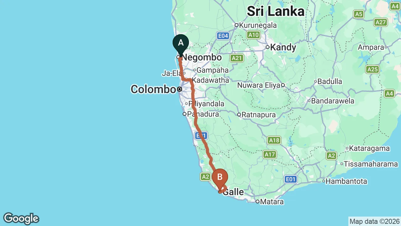 Route map: Negombo City to Galle City