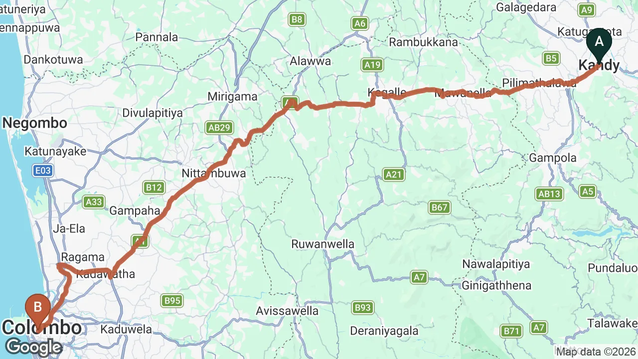 Route map: Kandy City to Colombo City