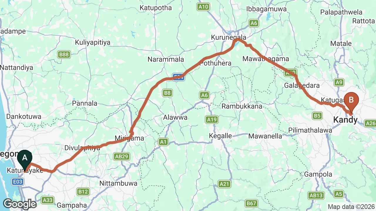 Route map: Colombo (CMB) Airport to Sunset Forest Villa, Kandy