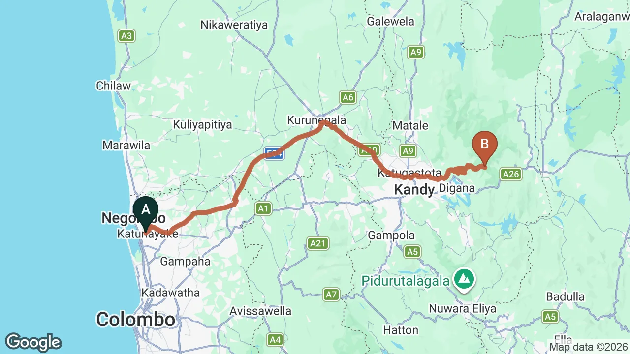 Route map: Colombo (CMB) Airport to Wild Glamping Knuckles, Kandy