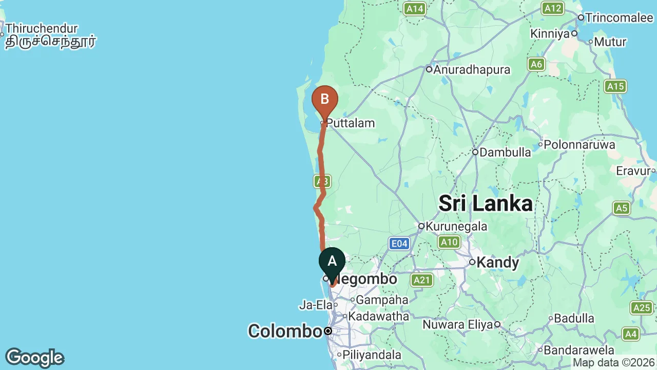 Route map: Colombo (CMB) Airport to The Grove, Puttalam