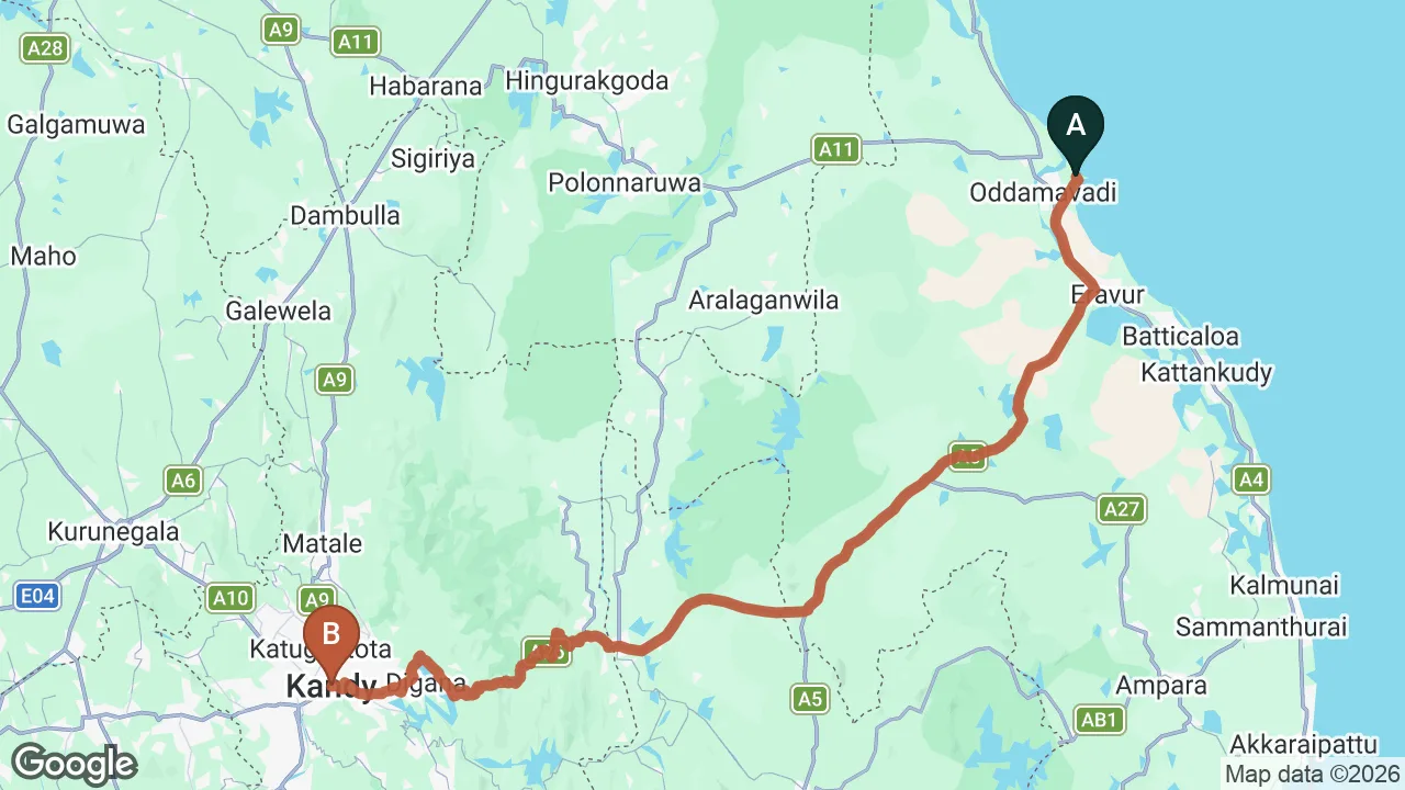 Route map: Pasikuda City to Kandy City