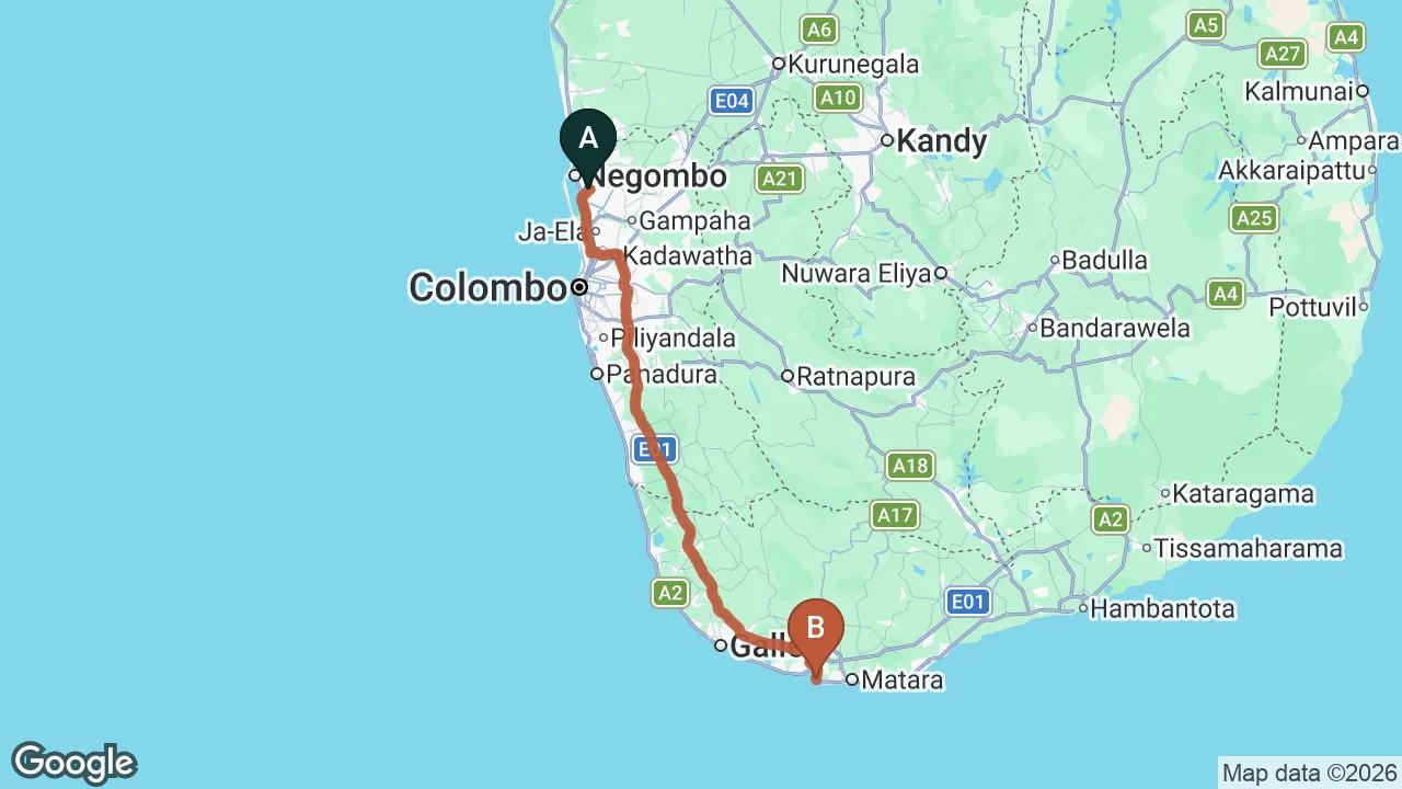 Route map: Colombo (CMB) Airport to Why Not Backpackers, Mirissa