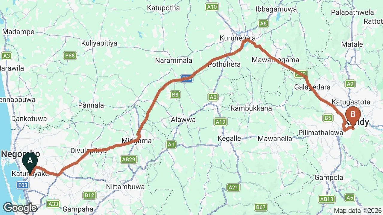 Route map: Colombo (CMB) Airport to FOX Resorts, Kandy