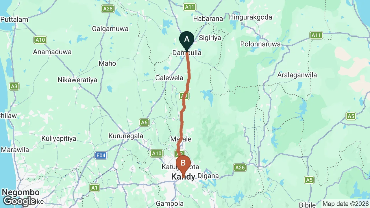 Route map: Dambulla City to Kandy City