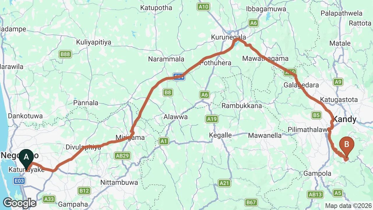 Route map: Colombo (CMB) Airport to Club Lespri, Hindagala