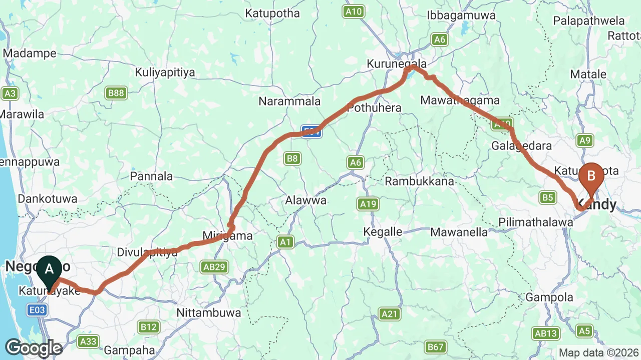 Route map: Colombo (CMB) Airport to Windy Ridge Kandy, Kandy