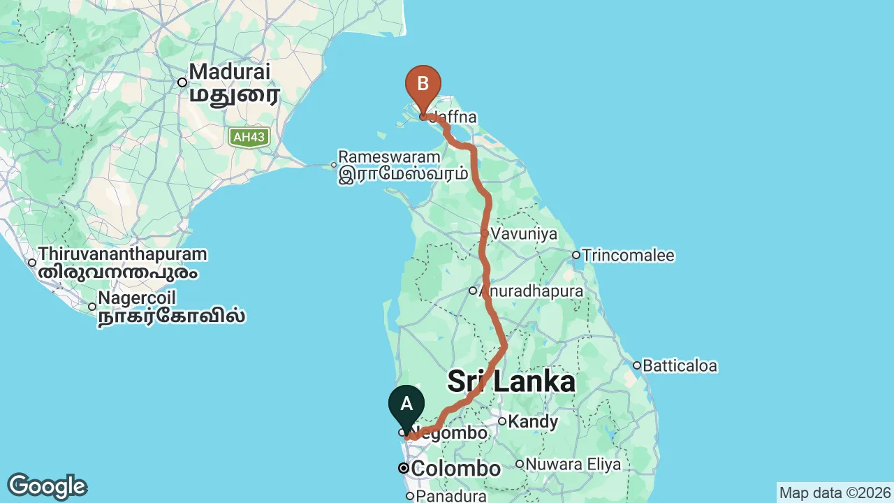 Route map: Colombo (CMB) Airport to PJ, Jaffna