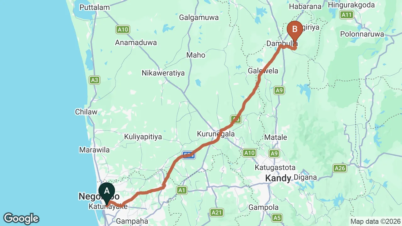 Route map: Colombo (CMB) Airport to Heritance Kandalama, Kandalama
