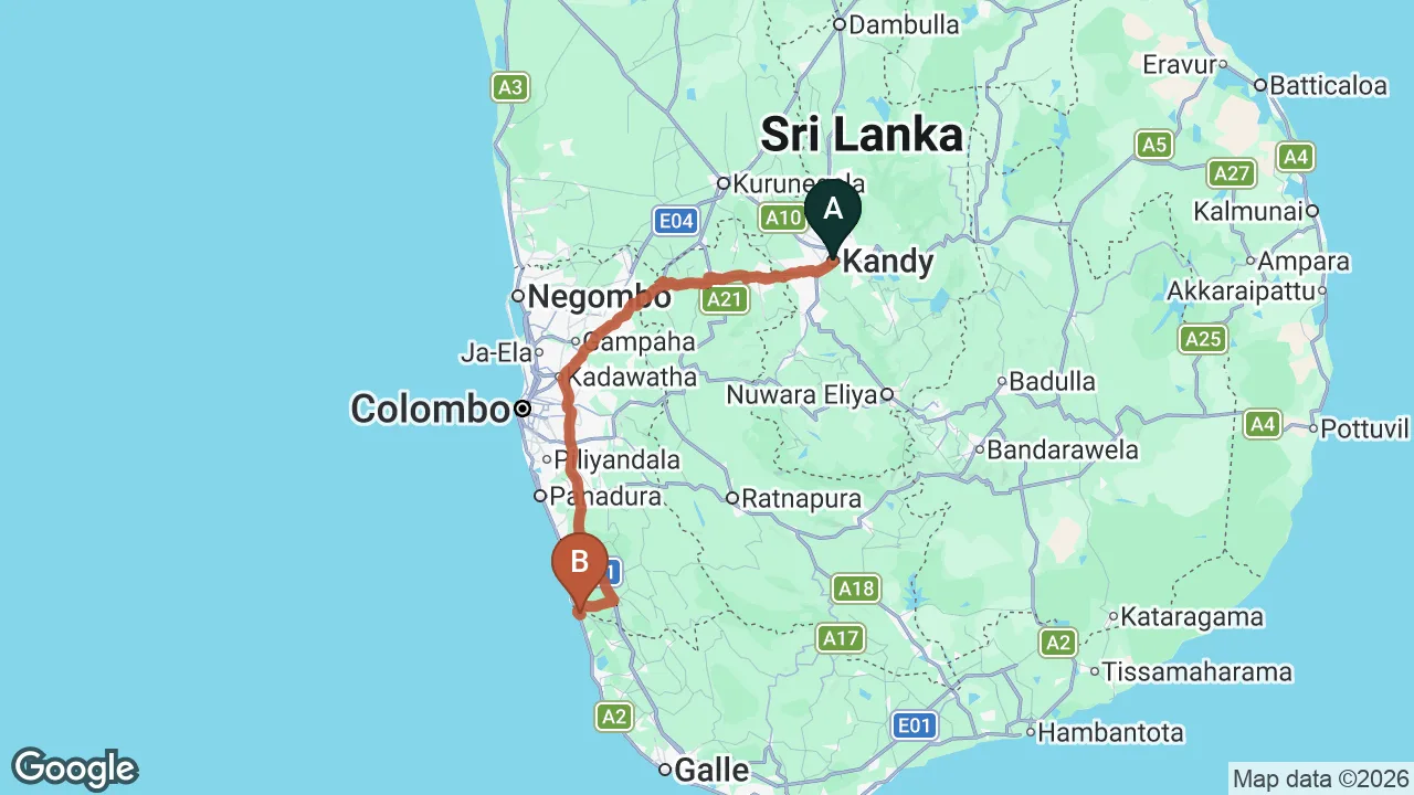 Route map: Kandy City to Bentota City