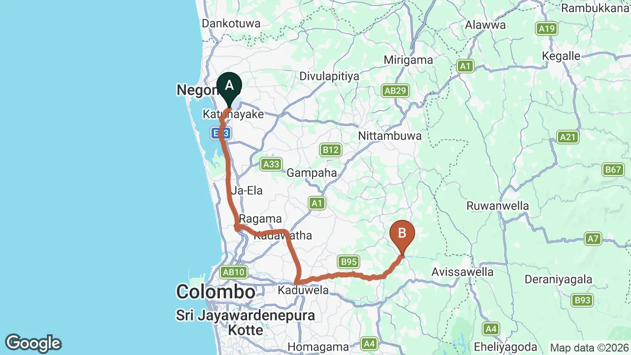 Route map: Colombo (CMB) Airport to Pugoda City