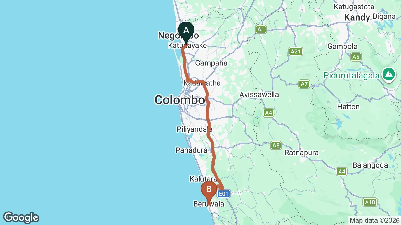 Route map: Colombo (CMB) Airport to Beruwala City