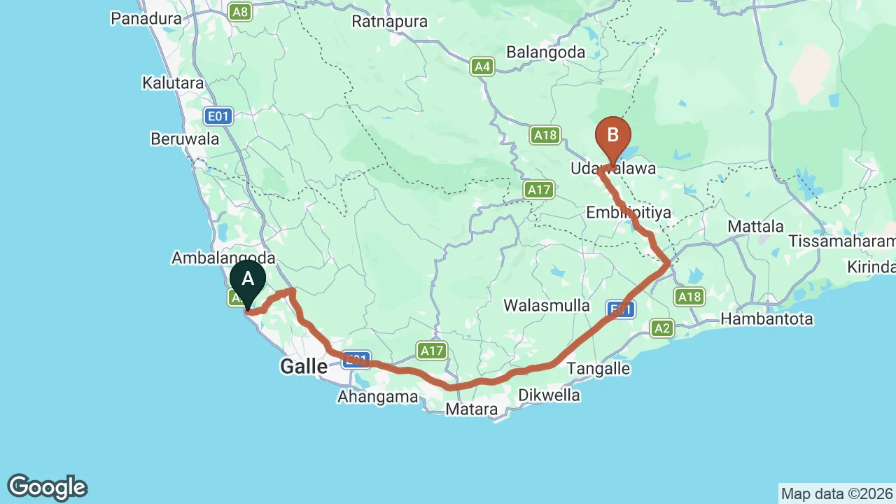 Route map: Hikkaduwa City to Udawalawe City