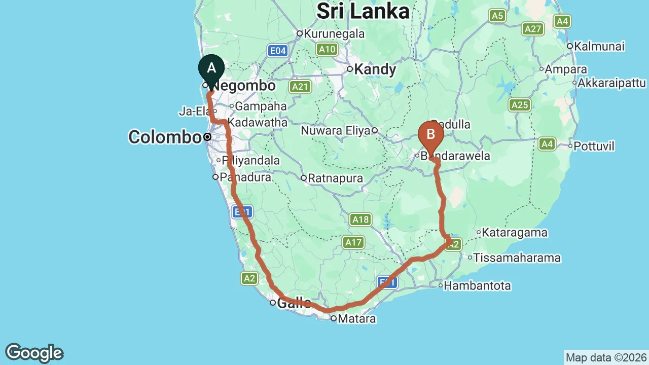 Route map: Colombo (CMB) Airport to Moi Ella, Ella