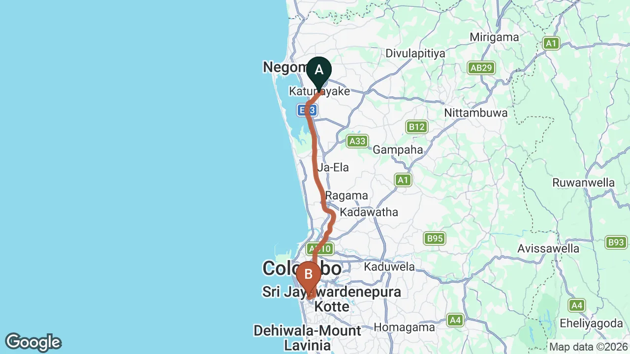 Route map: Colombo (CMB) Airport to Biodiversity, Colombo